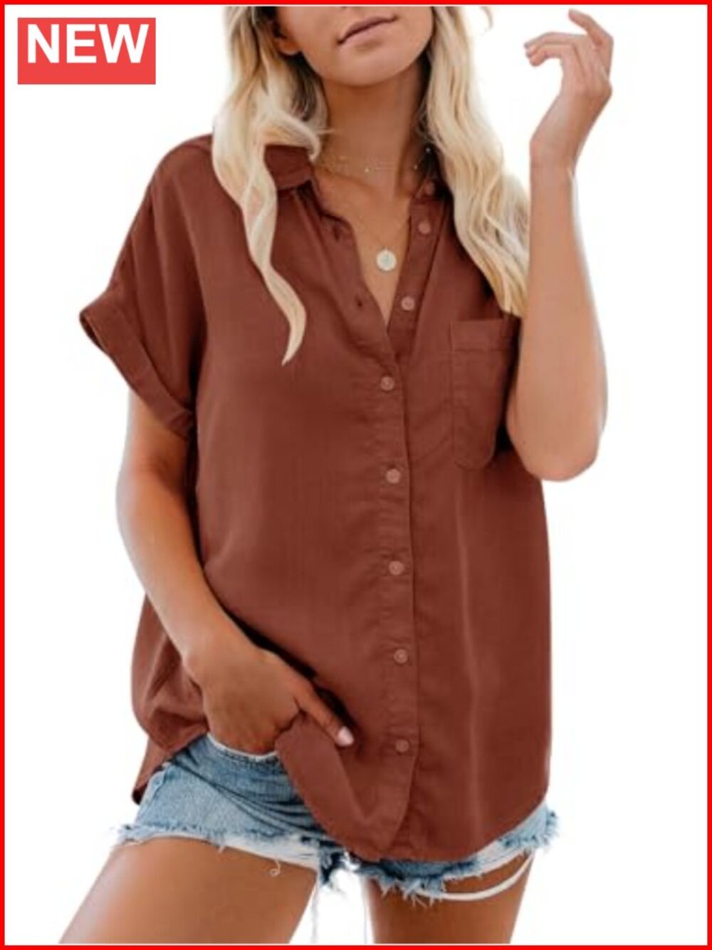Women's 100% Cotton Button Down Short Sleeve Blouse Loose Fit Casual Work Top